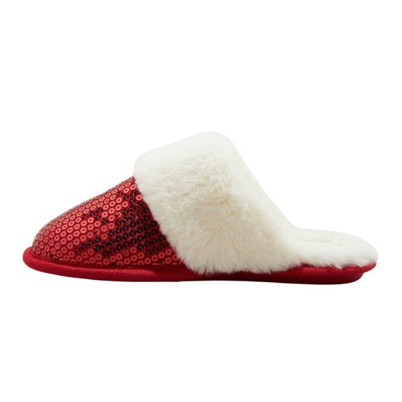 NWT Auden Rae Sequin Scuff Slippers Red with White Faux Fur Trim - Picture 6 of 11
